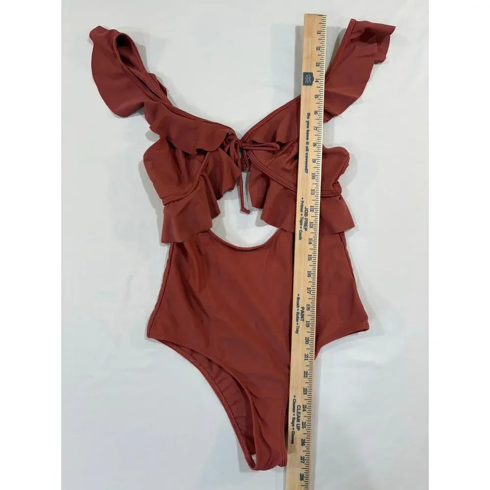 Terra Cotta Ruffled Cut Out High Cut One Piece Swimsuit Size Small